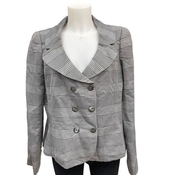 ARMANI COLLEZIONI Shawl Neckline Double Breasted Gray Plaid Blazer Flax Blend 14 - Picture 1 of 9